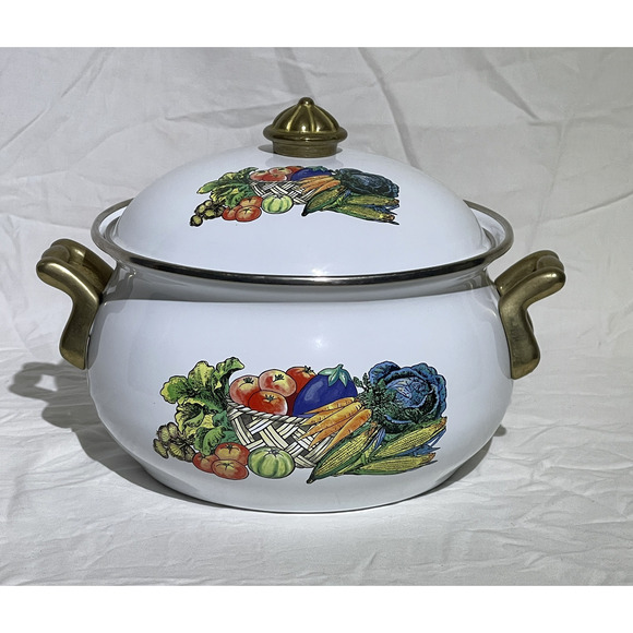 Unbranded Other - Vintage Garden Harvest Enamel Stockpot with Lid Brass Handles 7 Inch Grannycore